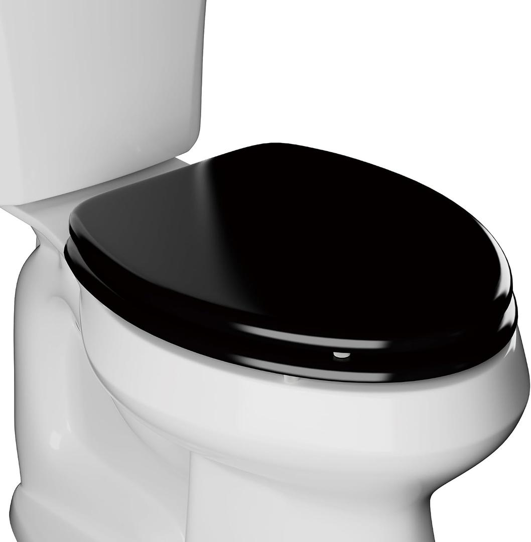 Deewow Black Elongated Wood Toilet Seat, Heavy Duty Toilet Seat with Baked Enamel Finish Support 400 lbs, Oval Wooden Toilet Lid with Chrome Hinges, Grip-Tight Bumpers - Easy to Clean, Quick Assembly