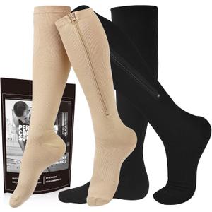 Zipper Compression Socks, 2 Pairs 15-20 mmHg Closed Toe Compression Stockings for Men Women (Small-Medium, Black/Beige)