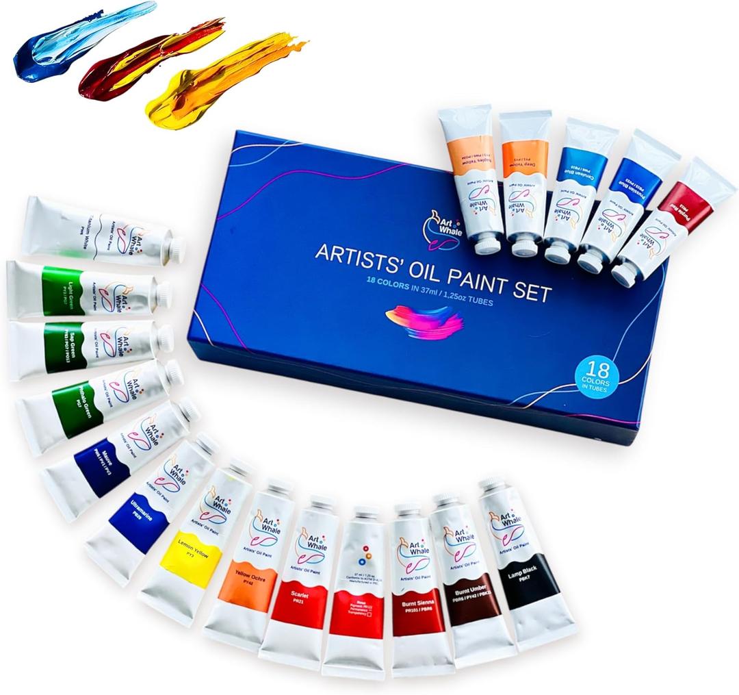 Oil Paint Set 18 Colors, 37ml/1.25 oz Tubes | Basic Colors, Creamy, High Pigment, Smooth Blending