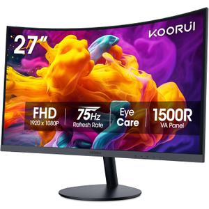 KOORUI 27 Inch Curved Monitor FHD 1080P 75Hz Computer Monitors, 1500R PC Screen with HDMI VGA, TV Rheinland Certified, Tilt Adjustable,1500R, Eye Care, Black, 27N5CA