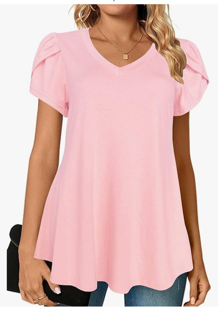 Afibi Womens Summer V Neck Loose Dressy Shirts Petal Short Sleeve Tunic ...