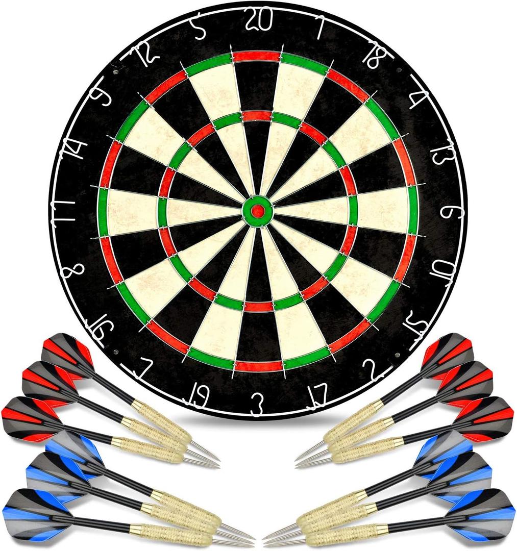 LinkVisions Dartboard with Staple-Free Bullseye, 18g Steel Tip Darts Set,12 Steel Tip Darts 18g, Dartboard Mounting Kits Included