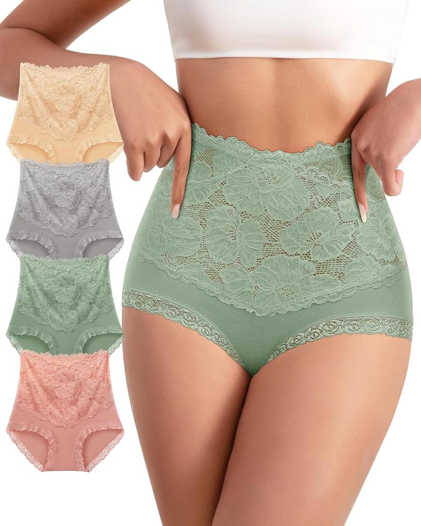 Womens High Waisted Cotton Underwear Comfortable Lace Stretch Soft Paintes Breathable Full Coverage 4 Pack Briefs (Large, Multicolor)