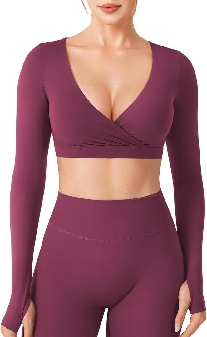 YEOREO Women Workout Long Sleeve Crop Tops Aberney Double Lined Deep V Cross Front Padded Yoga Cropped T Shirt (X-Small, Black Cherry)