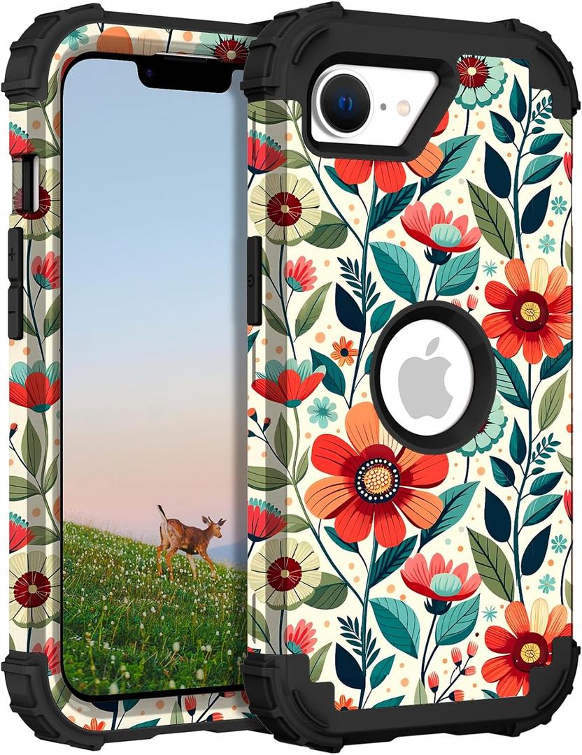 TEECOVER for iPhone 16e Case, Heavy-Duty Shockproof Full Protection Hard Plastic Bumper + Soft Silicone Rubber Protective Case for iPhone 16e - 6.1-Inch, Red Flowers