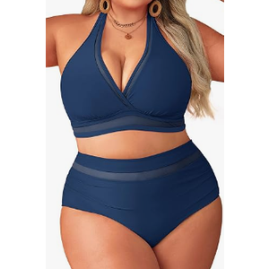 Tempt Me Women Plus Size Bikini High Waisted Swimsuits Mesh Tummy Control Two Piece Bathing Suit (Blue)
24