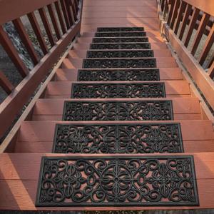 Ottomanson Indoor/Outdoor Hose-Wash Iron Wrought Design Non-Slip Rubber 10" x 30" Modern Stair Treads for Stairs, Garage, Patio, 5 Pack, Black Floral (Black Scroll Classic) Pattern May Vary