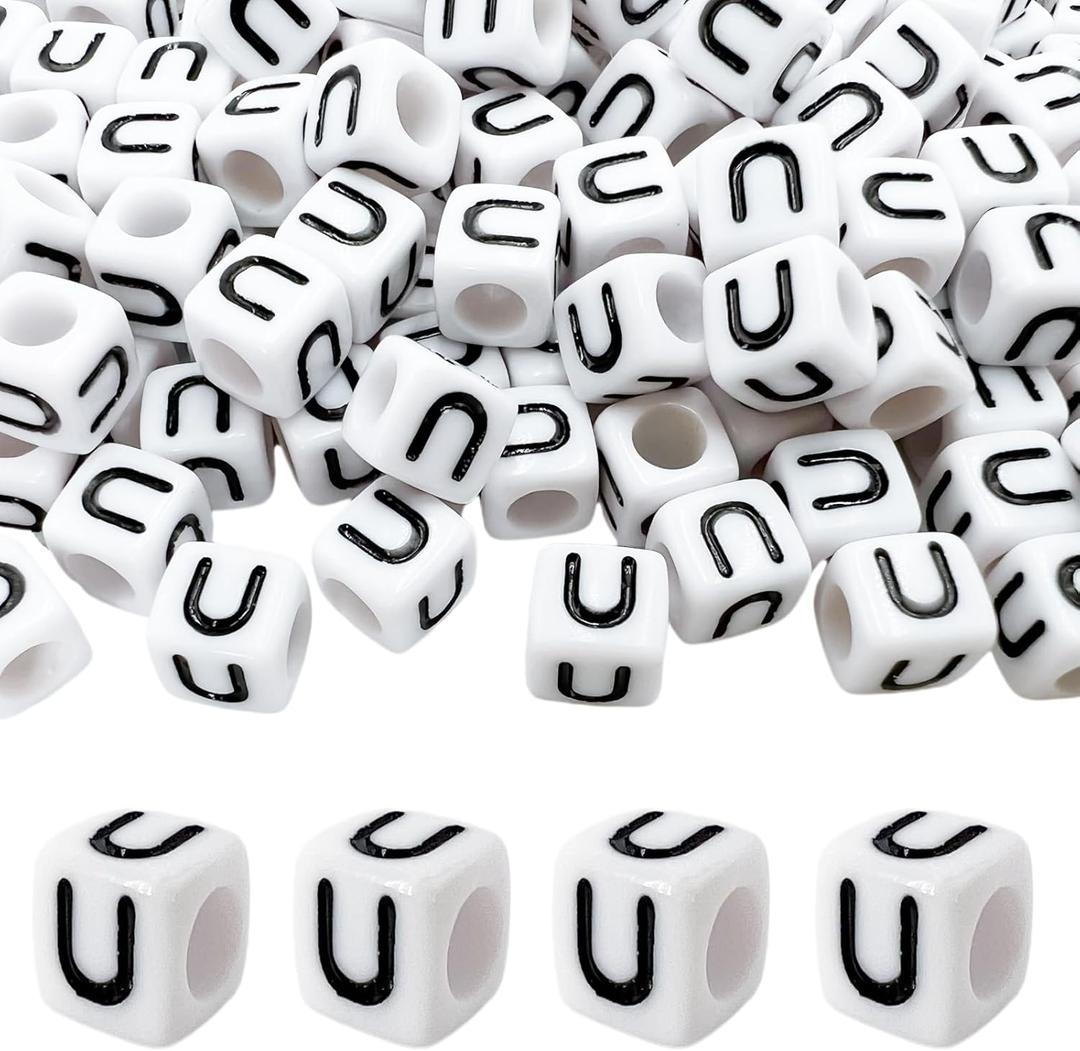 MIIIM 100pcs Pony Beads Letter U for Keychains Making, 6x6mm Large Hole Square Letter Beads for Bracelets Making, Alphabets, Numbers (White and Black)
