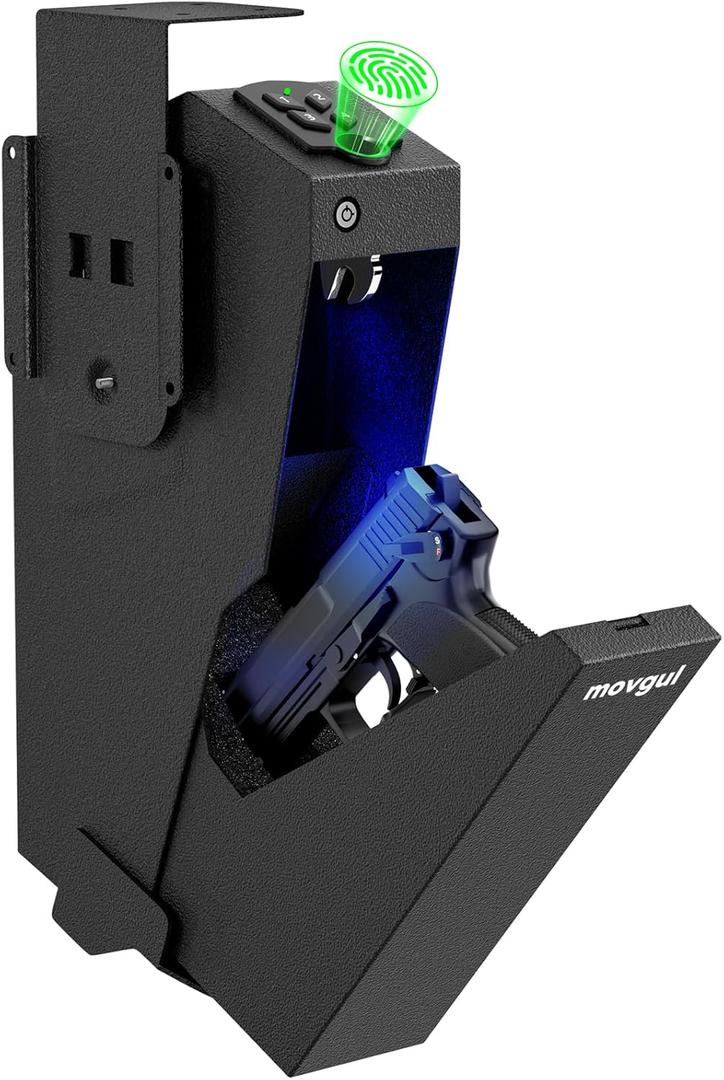 Gun Safe, Biometric Drop Down Bedside Gun Safe Quick Access Handgun Safe Mount Pistol Safe for Desk, Car, Nightstand (3 Ways)