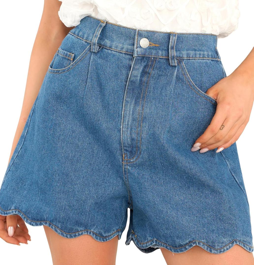 Women High Waisted Denim Shorts Elastic Back Waist Loose Fit Wave Hem Summer Casual Jean Shorts with Pockets (Blue, L)