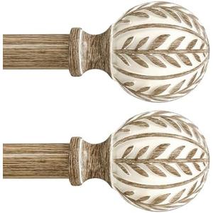QDWIS 2 Pack Boho Wood Curtain Rods for Windows 66 to 120 inch,1" Adjustable Heavy Duty Window Curtain Rod with Imitation Wood Grain Finials,Rustic Decorative Drapery Rods Set 36-120'',Weathered Wood
