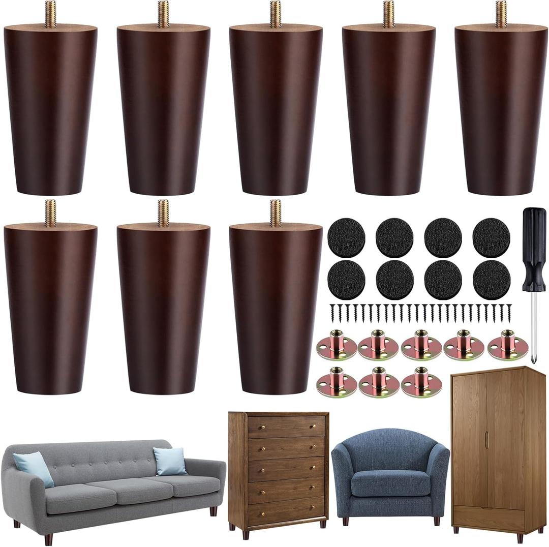 TURSTIN 8 Pieces Furniture Legs 4 Inches Round Solid Wood Furniture Feet with M8 T-Nuts Couch Legs Sofa Leg Replacement Leg for Armchair, Cabinet, Chair, Dresser or Home DIY Projects, Brown