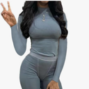 ZFLM Women’s Casual Workout Two Piece Outfits Crew Neck Ribbed Long Sleeved High Waist Short Matching Sets Streetwear L