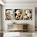3Pcs Abstract White Gold Floral Canvas Wall Art Modern Luxury Minimalism Painting Pictures Wall Decor tulip Plants Posters Prints Artwork for Living Room Bedroom Office Home Decoration 16 x 24in