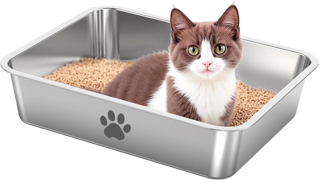 Stainless Steel Cat Litter Box,Metal Kitten Litter Pan, High Side Cats Toilet Indoor Litter Tray Pet Toilet Supplies for Cats, Kitty,Rabbits, Easy Clean, Non Stick Litter Box, No Smell (Medium-1)