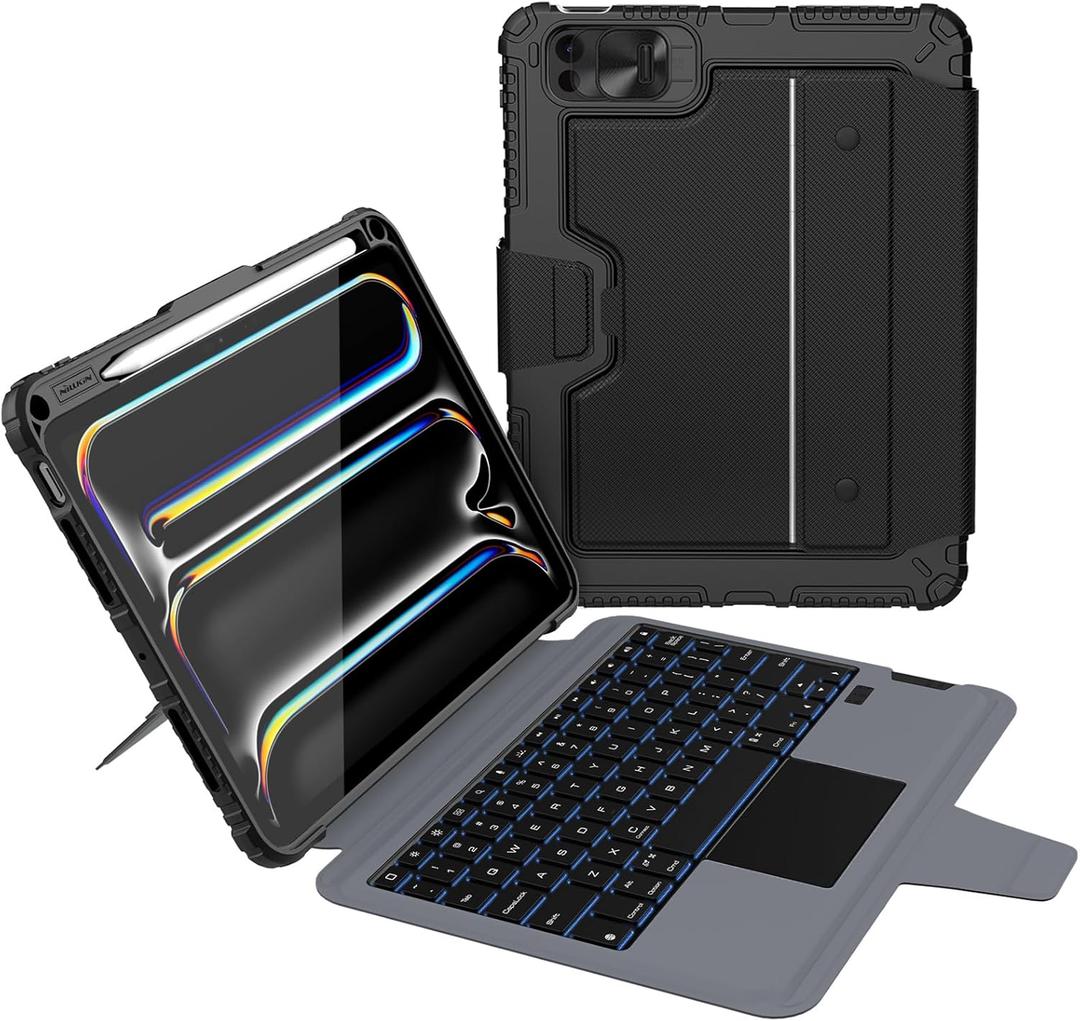 Nillkin iPad Pro 11 inch (M4, 2024) Case with Detachable Keyboard, Magic Trackpad, 7 Colors Backlit, Portrait/Landscape Modes, Rugged Keyboard Case with Camera Cover for iPad Pro 11 5th Gen, Black