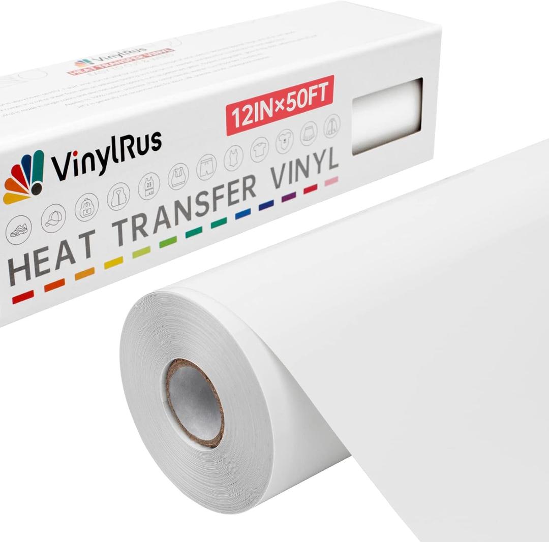 VinylRus Heat Transfer Vinyl-12 x 50ft White Iron on Vinyl Roll for Shirts, HTV Vinyl for Silhouette Cameo, Easy to Cut & Weed