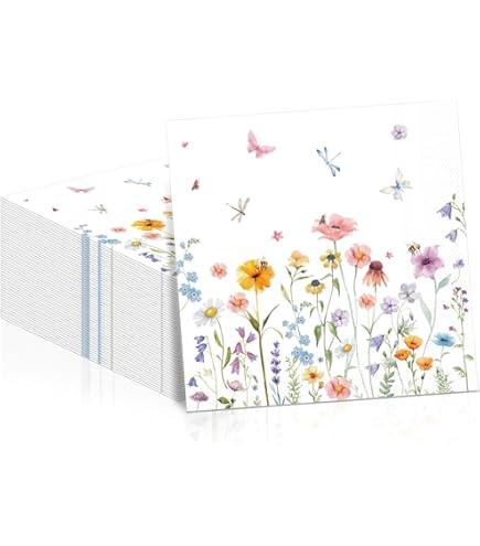 100 Pcs Hydrangea Paper Napkins 3 Ply Watercolor Blue Floral Butterfly Disposable Absorbent Hand Towels Spring Guest Napkins for Seasonal Wedding Lunch Dinner Bathroom Kitchen Supplies Decorations