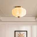 Milk Glass Ceiling Light Fixture - Farmhouse Antique Brass Semi Flush Mount Ceiling Light for Kitchen, Hallway, and Bedroom (Green 15 inch)