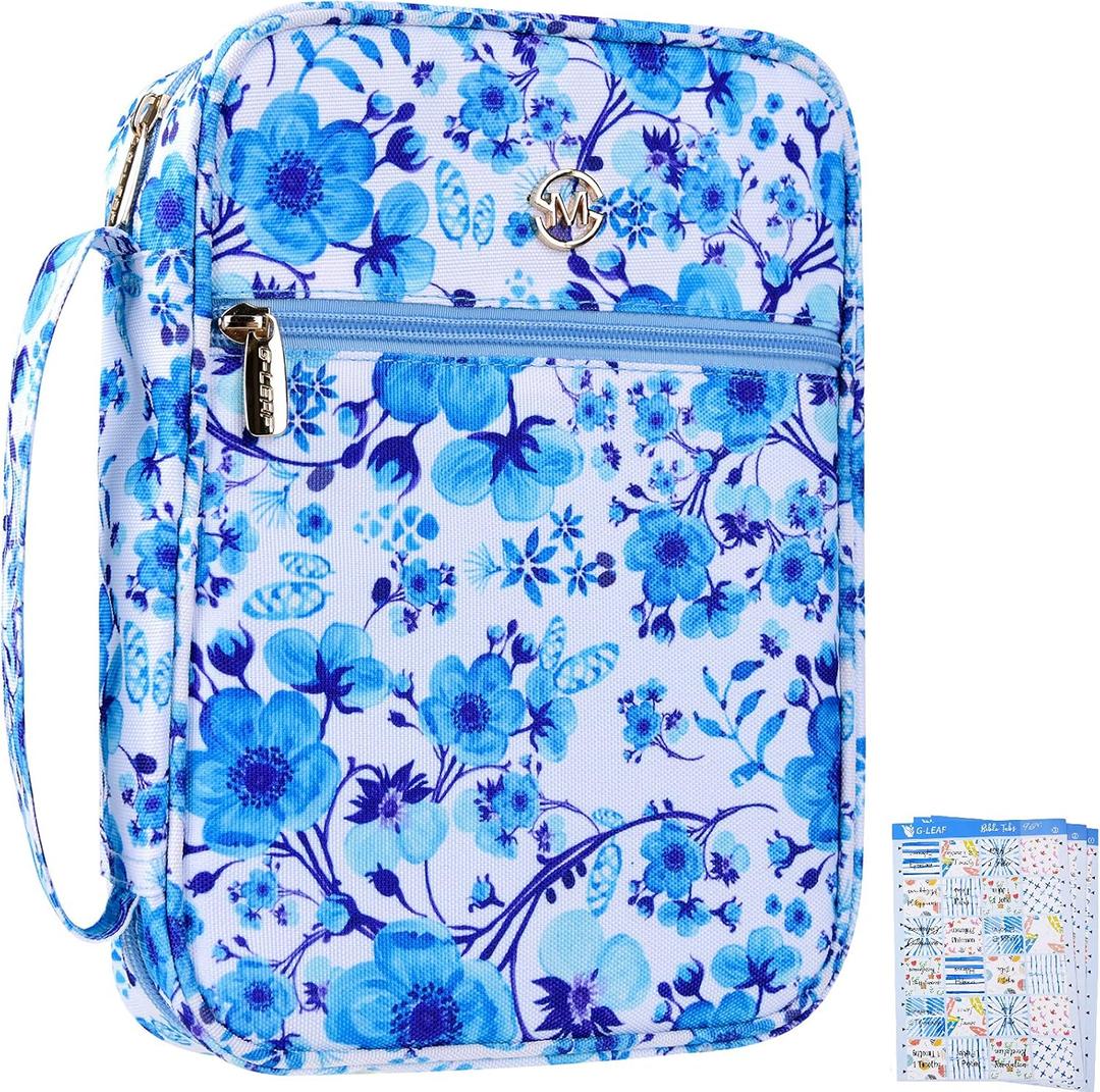 G-LEAF Bible Cover Case/Book Cover, Bible Case for Women Girls, Bible Cover Bags Floral Pattern With Handle Fits for Standard Size Bible, 9.5x6.7x2.5 In (Blue Alyssum)
