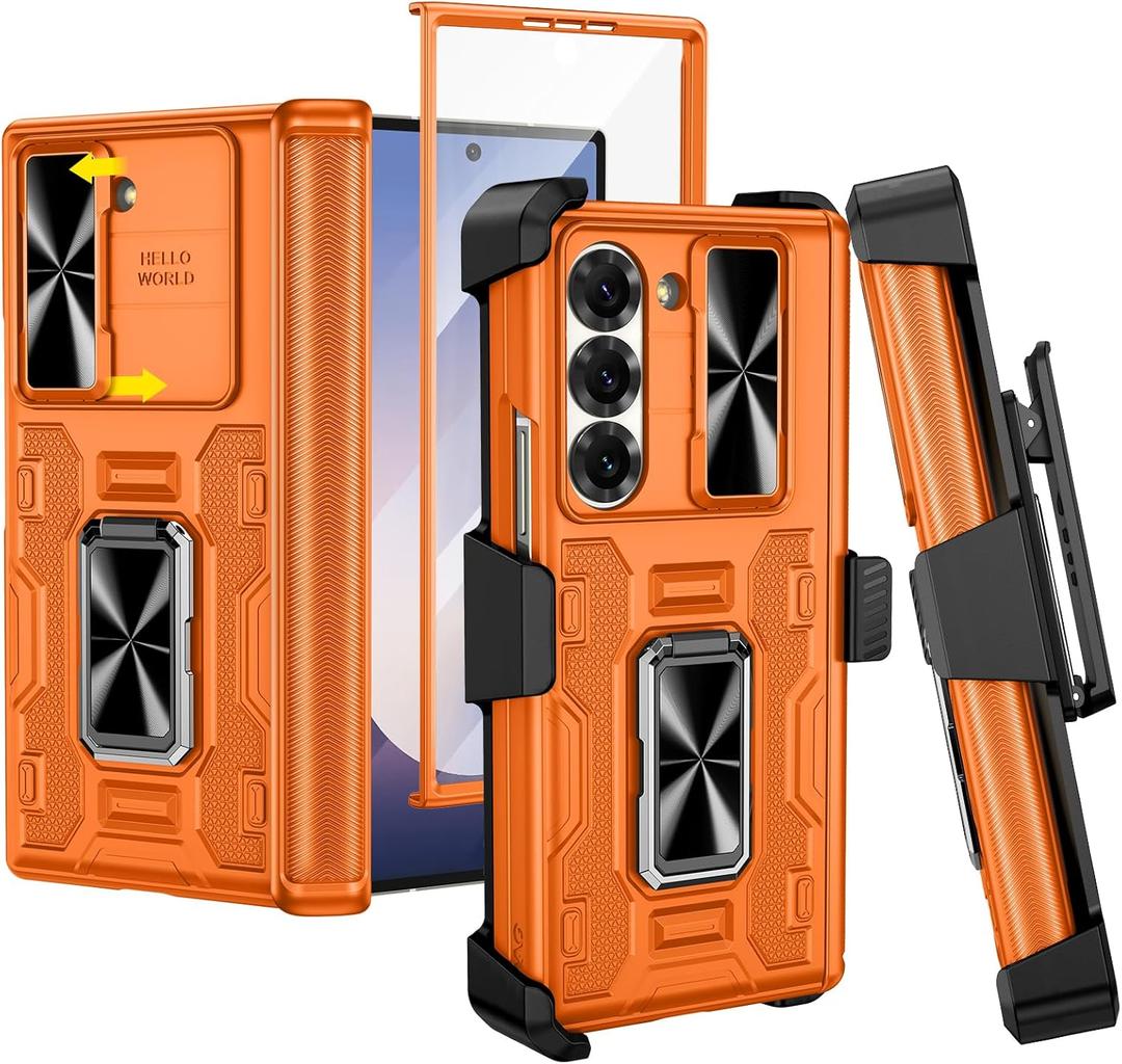 VEGO for Galaxy Z Fold 6 Case with Stand, 360Ring Magnetic Kickstand & Hinge Protection & Front Screen Protector & Camera Cover & Belt Clip Holster Case for Samsung Galaxy Z Fold 6 5G - Orange