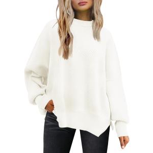LILLUSORY Women's Oversized Batwing Sweaters 2026 Fall Outfits Trendy Crewneck Knit Side Slit Fashion Pullover Tops (Medium, White)