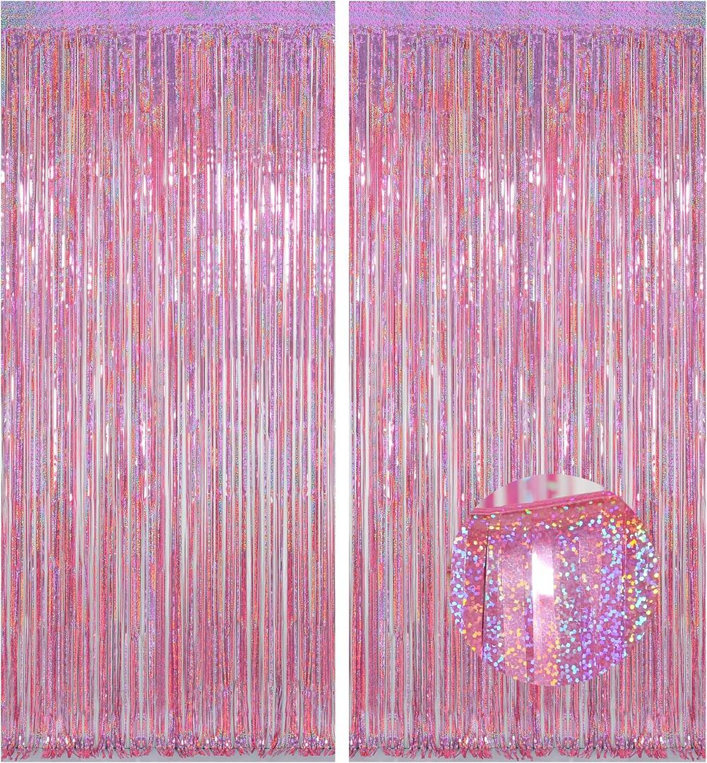 Melsan Pink Tinsel Curtains Backdrop, 3.2 ft x 8.2 ft Sparkle Metallic Foil Curtains for Mothers Princess Birthday Party Photo Background Decoration, 2 Pack
