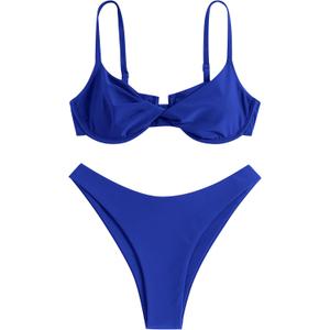 ZAFUL Women's Twist Front Bikini Sets Underwire Tie Back Bikini High Waisted Two Piece Swimsuit (1-royal Blue) S 