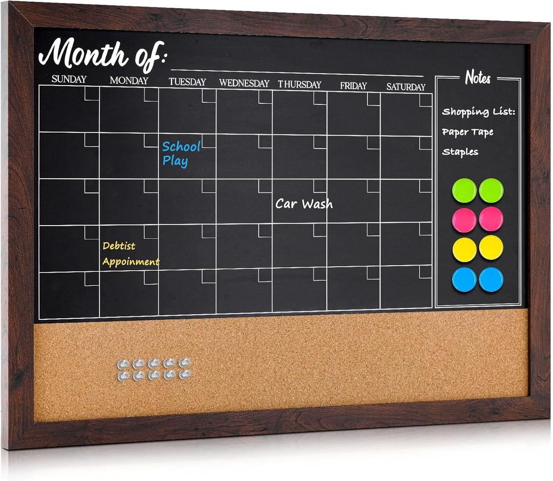 4 THOUGHT Chalkboard Calendar Corkboard Combo, 18" x 24" Bulletin Board Magnetic Calendar Chalkboard for Wall Combination Board Monthly Planner Rustic Brown Frame 4 Markers 8 Magnets 10 Pushpins