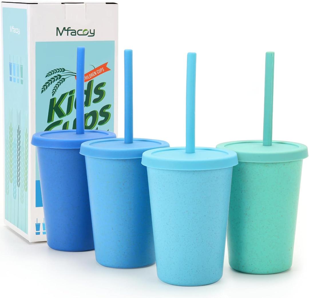 Mfacoy 4 Pack Wheat Straw Cups with Lid and Straws, 10 oz Unbreakable Kids Cup, Reusable Drinking Cups, Small Water Cup, Colourful Tumbler Cups for Kitchen, BPA Free, Dishwasher & Microwave Safe (Blue)