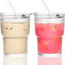 13 oz Glass Cups with Lids and Straws Ribbed Drinking Glasses Cup Leak Proof Iced Coffee Glass Tumbler Set of 2 for Soda Smoothie Juice(Clear*2)