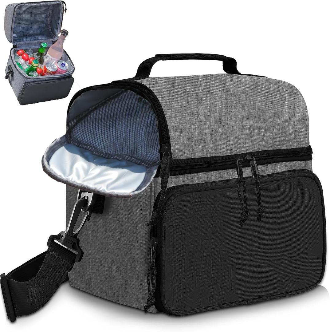 Insulated Lunch Box Dual Compartment Lunch Bag Leakproof Cooler for Men Women with Adjustable Strap,for Work, Picnic, Beach, Camping, TravelBlack Grey-12L