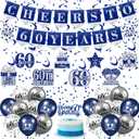 Blue & Silver 60th Birthday Banner, Balloons & Cake Topper for Men & Women - Swirls & Navy Blue Decorations for 60th Birthday Party Supplies (60th Birthday Decoration)