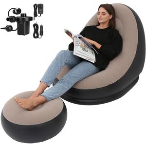STARBRILLIANT Inflatable Living Room Furniture Chair with Stool for Resting Feet, Indoor Foldable Deck Chaise Lounges with Air Pump, Travel Camping Picnic Beach Chair (Brown)