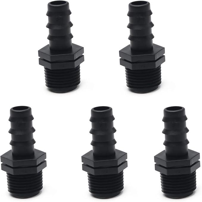 MroMax 5Pcs Drip Irrigation Fittings 3/4" Male Thread Barbed Pipe Connectors External Socket Hose Fitting for Garden Lawn Agricultural Irrigation System Plastic Black