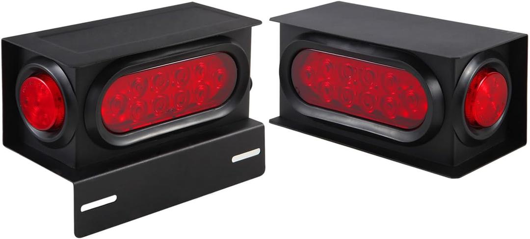 2Pcs Trailer Lights Welded Mount Steel Boxes Housing Kit W/License Plates, 6" Inch Oval Led Trailer Tail Lights + 2" Inch Round Led Side Markers Red Flush w/Grommet Plugs Wire Pigtails