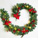 YULETIME 6 ft Lighted Christmas Garland, Battery Operated with 20 Fairy Lights Artificial Garland, Red Baubles, Berries, Poinsettia, Spruce Branches, Pine Needles