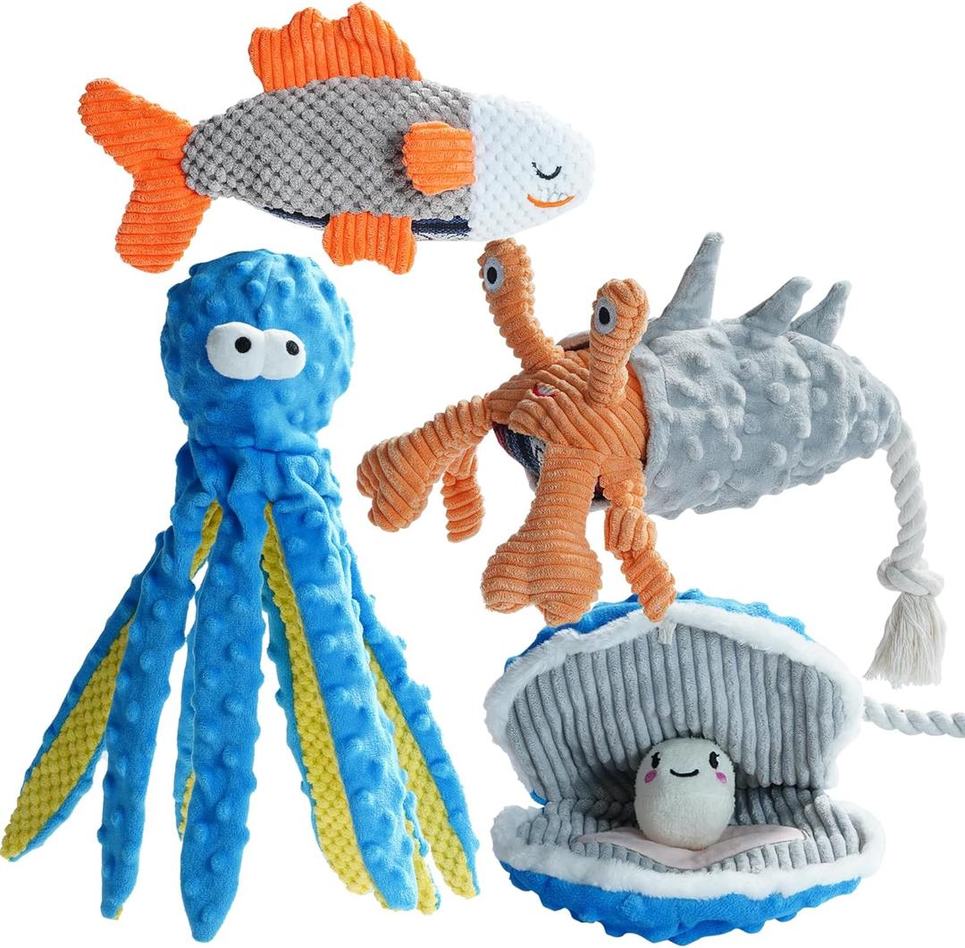 Nocciola 4 Packs Crinkle Squeaky Dog Toys for Aggressive Chewers, Durable Stuffed Plush Rope Tug Puppy Toy for Small, Medium Large Dogs, Octopus Fish Ocean Beach Summer, Dog Birthday Gifts (4 PCS Ocean Series)