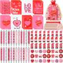 24 Sets Valentine's Day Gift Bulk Heart Ballpoint Pens Gnomes Figurines Brooch Pins Notebooks with Organza Bags, Retractable Black Ink Pens Red Pink Gift for Valentine's Day Party Favors Office