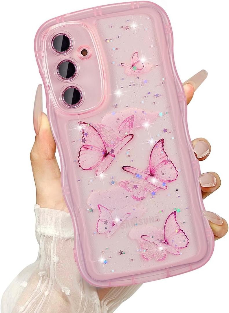 UEEBAI Wave Butterfly Case for Samsung Galaxy S21 Plus Case, Pretty Bling Star Butterfly for Women Cute Shiny Glitter Phone Cover for Girls Bling Clear Cover Curly Shockproof Girly Shell - Pink