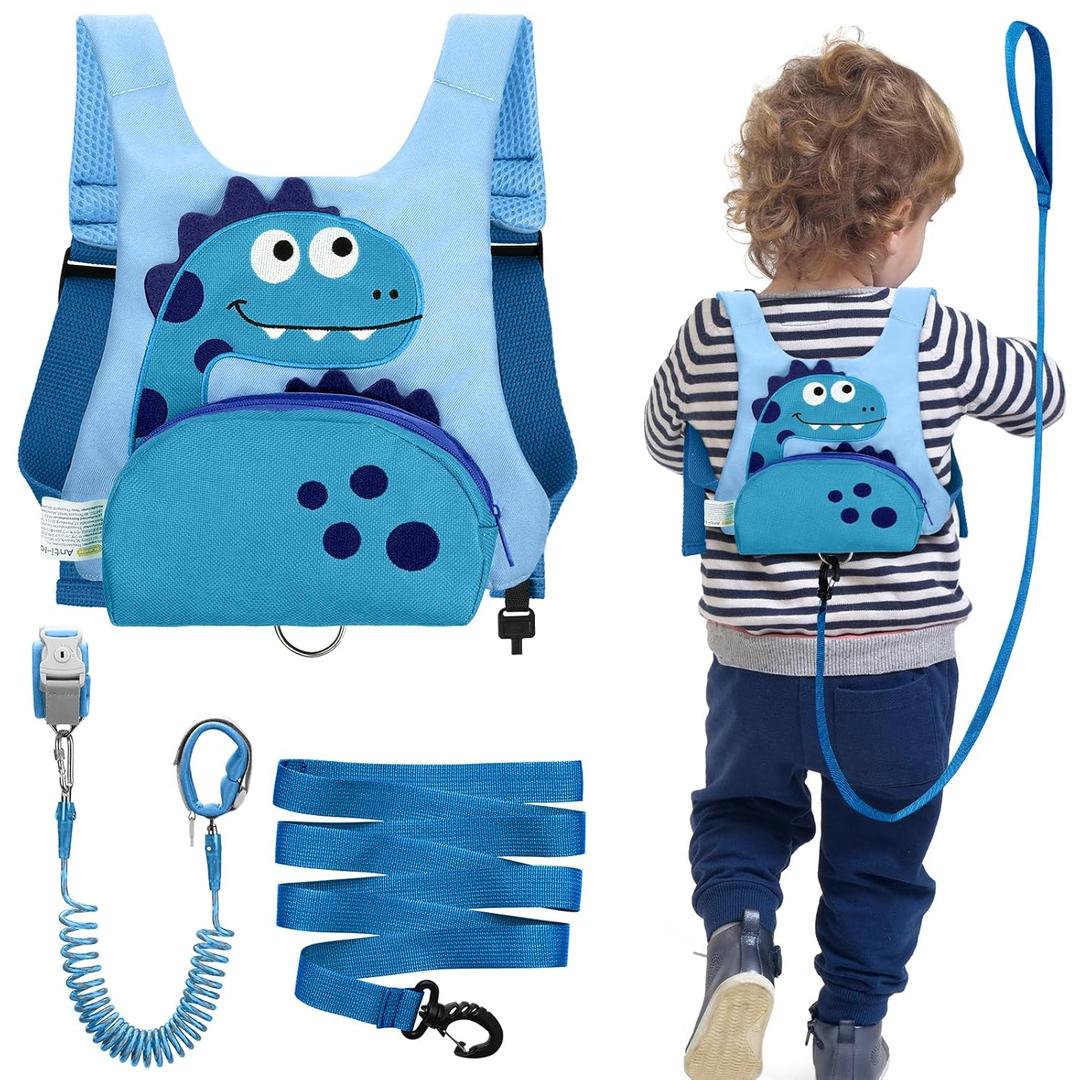 Dr.meter 3 in 1 Toddler Harness Leash + 8.2ft Anti Lost Wrist Link, Cute Dinosaur Kids Safety Harness with Key Lock, Child Walking Harness Assistant Strap for Outdoor Activity Travel, Blue
