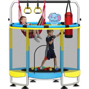 55" Trampoline for Kids, 5-in-1 Toddler Trampoline Indoor Outdoor with Adjustable Gymnastics Bar&Toys, Gifts for Ages 3-8 Boys&Girls