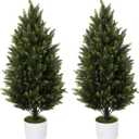 2 Pack 3Ft Artificial Cedar Topiary Trees, Faux Pine Cypress Plants, UV Resistant Fake Cypress Shrubs with Pots, Realistic Evergreen Bushes for Front Porch Indoor Outdoor Garden Decor