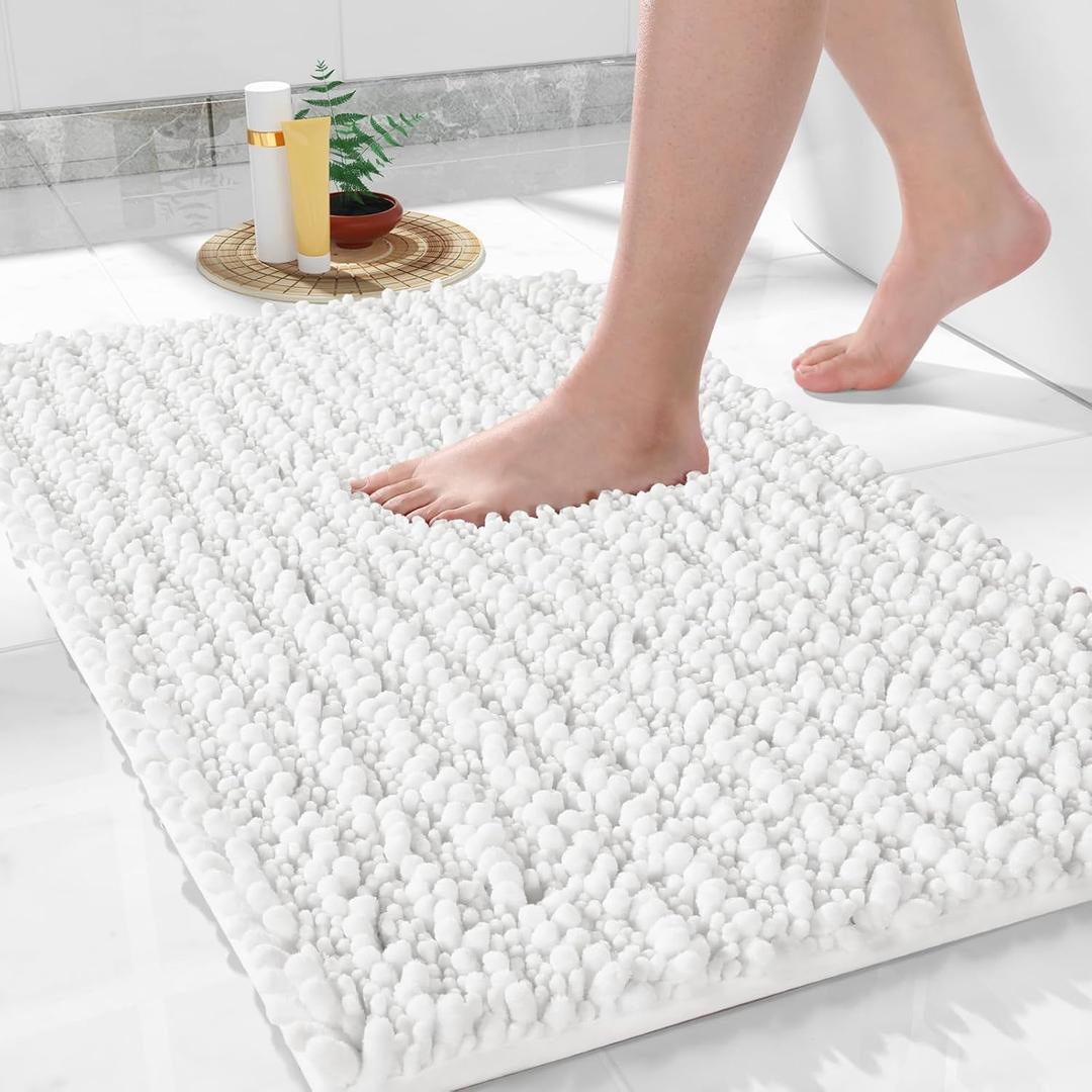 Yimobra Bathroom Rug Mat 24 x 17, Extra Soft Non Slip Absorbent Water Bath Rug, Quick Dry Machine Washable Chenille Shaggy Shower Mat, Bath Mat for Bathroom Floor, Home Decor Accessories, Bright White