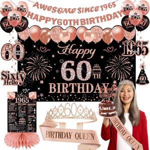 60th Birthday Decorations for Women Black Rose Gold, 60th Birthday Crown and Sash Awesome Since 1965 Banner Backdrop Balloons Cake Topper Table Sign Hanging Swirls Vintage 1965 Gifts 21pcs 