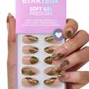 BTArtbox Press On Nails Short - Gold Rush, 3D Sculpting Metallic Almond Press On Nails with Glue and Adhesive Tabs for Women in 16 Sizes - 32 Soft Gel Glue On Nails Kit