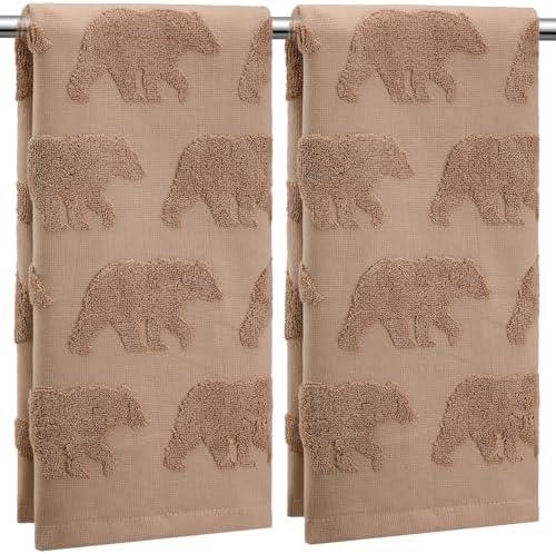 SmoothNovelty 2 Pcs Bear Jacquard Hand Towels for Bathroom Brown Hand Towels 100% Cotton Absorbent Decorative Weave Bath Decor Neutral Bathroom Decor Gift, 13. 7 x 29. 5 Inch
