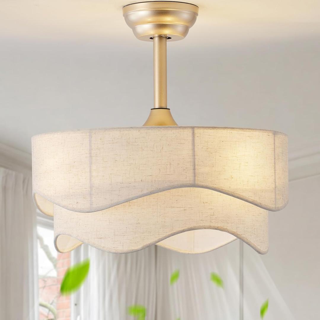 Boho Fandelier Ceiling Fan with Light, 20 Inch Gold Fabric Caged Ceiling Fan with Remote Control, 6 Speeds for Bedroom, Nursery, Living Room, Beige