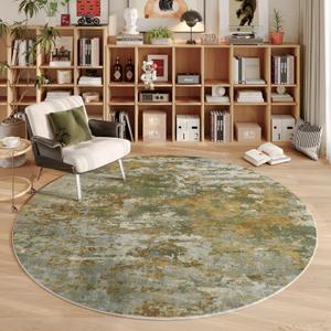 Green Round Area Rugs 4ft Washable Circle Rug for Entryway Kitchen, Non Slip Soft Low Pile Stain Resistant, Boho Circular Carpet for Living Room Bedroom Dorm Dining Room Table, Abstract Sage Green