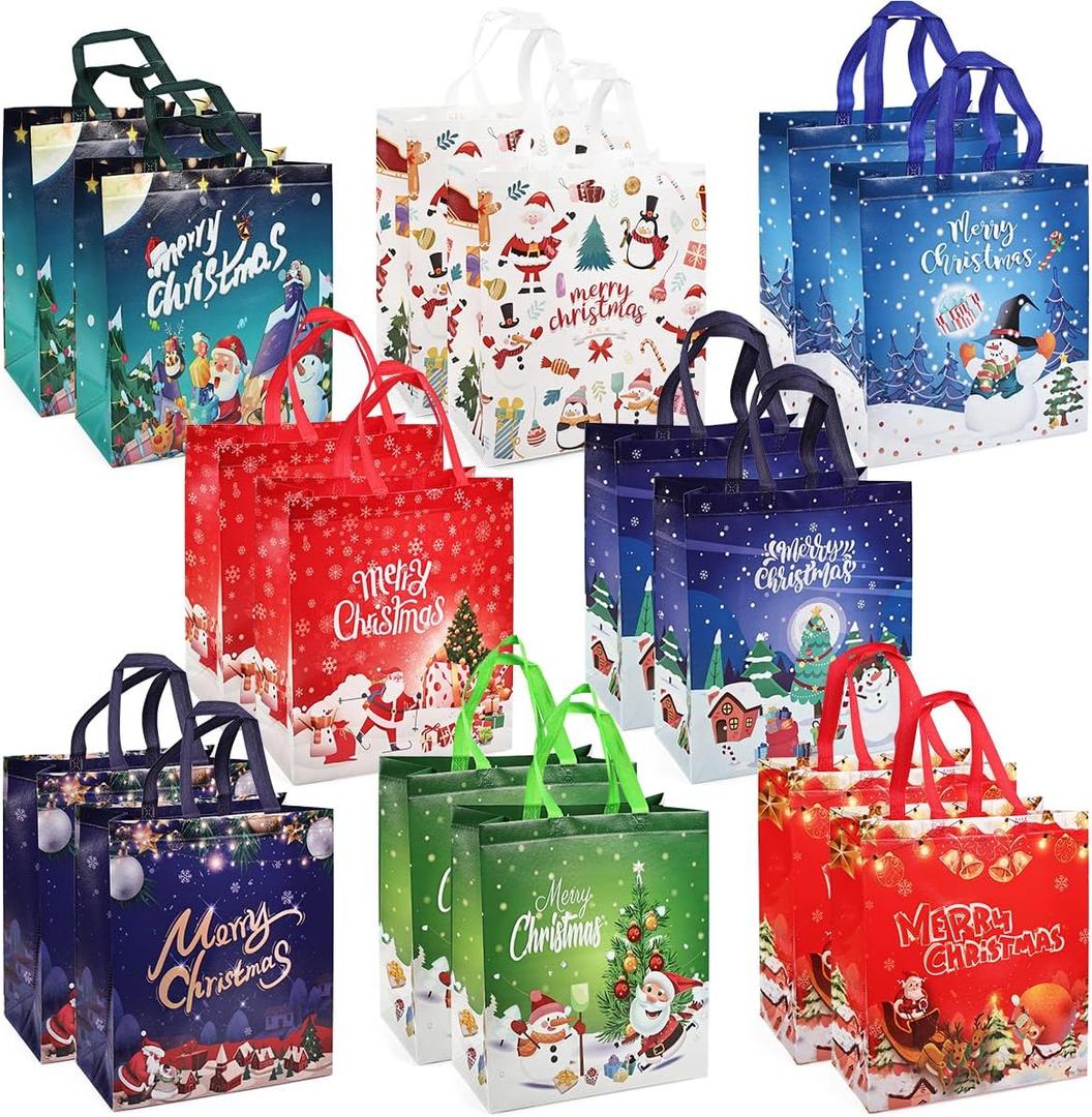 PARSUP 16PCS Christmas Gift Bags with Handles, Non-Woven Large Christmas Bags for Treat Gifts Wrapping Shopping, Xmas Party Supplies, 1513.85.9inch (Blue, Red, Green, White)
